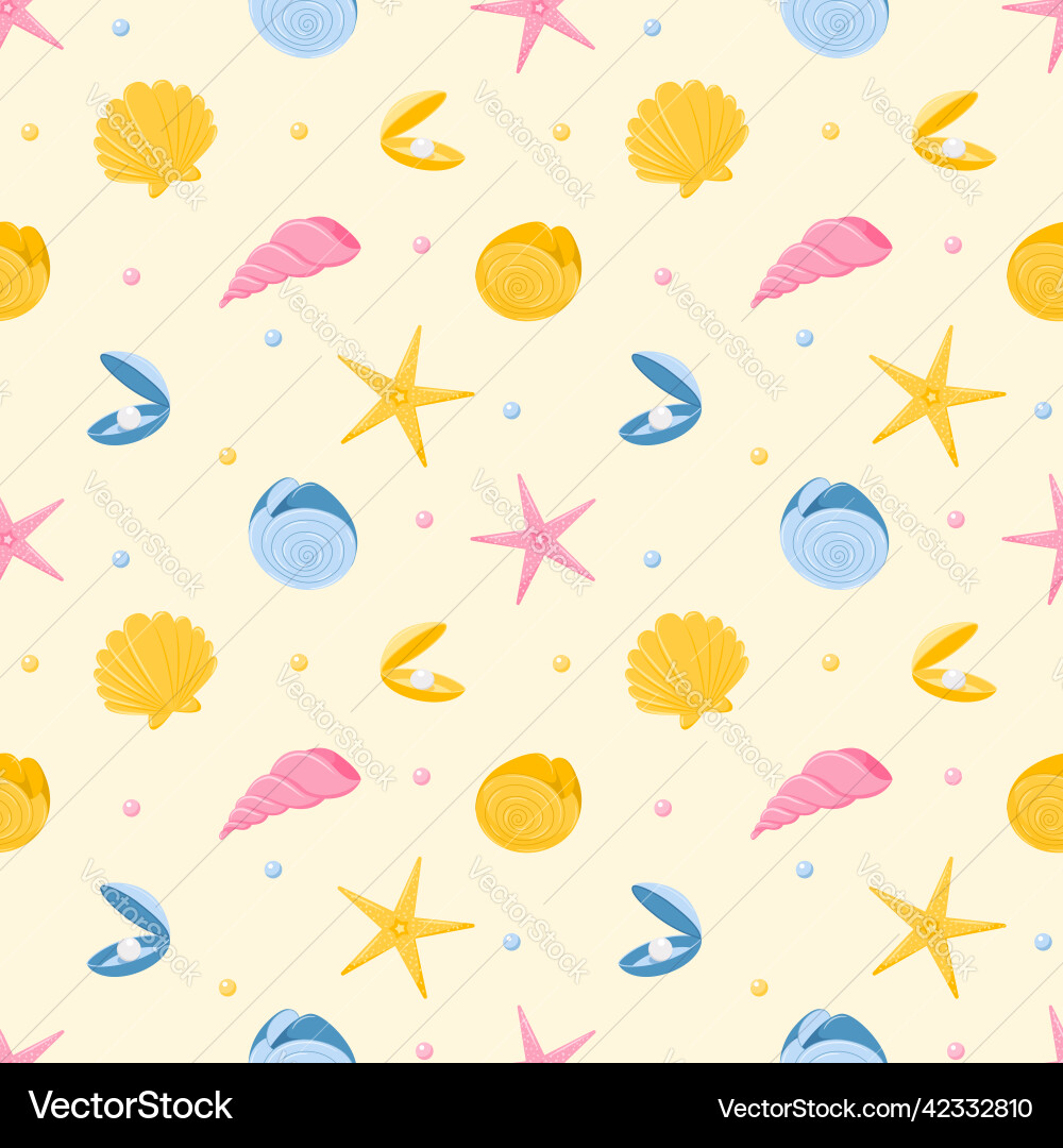 Seamless pattern with starfish nautilus seashells vector image