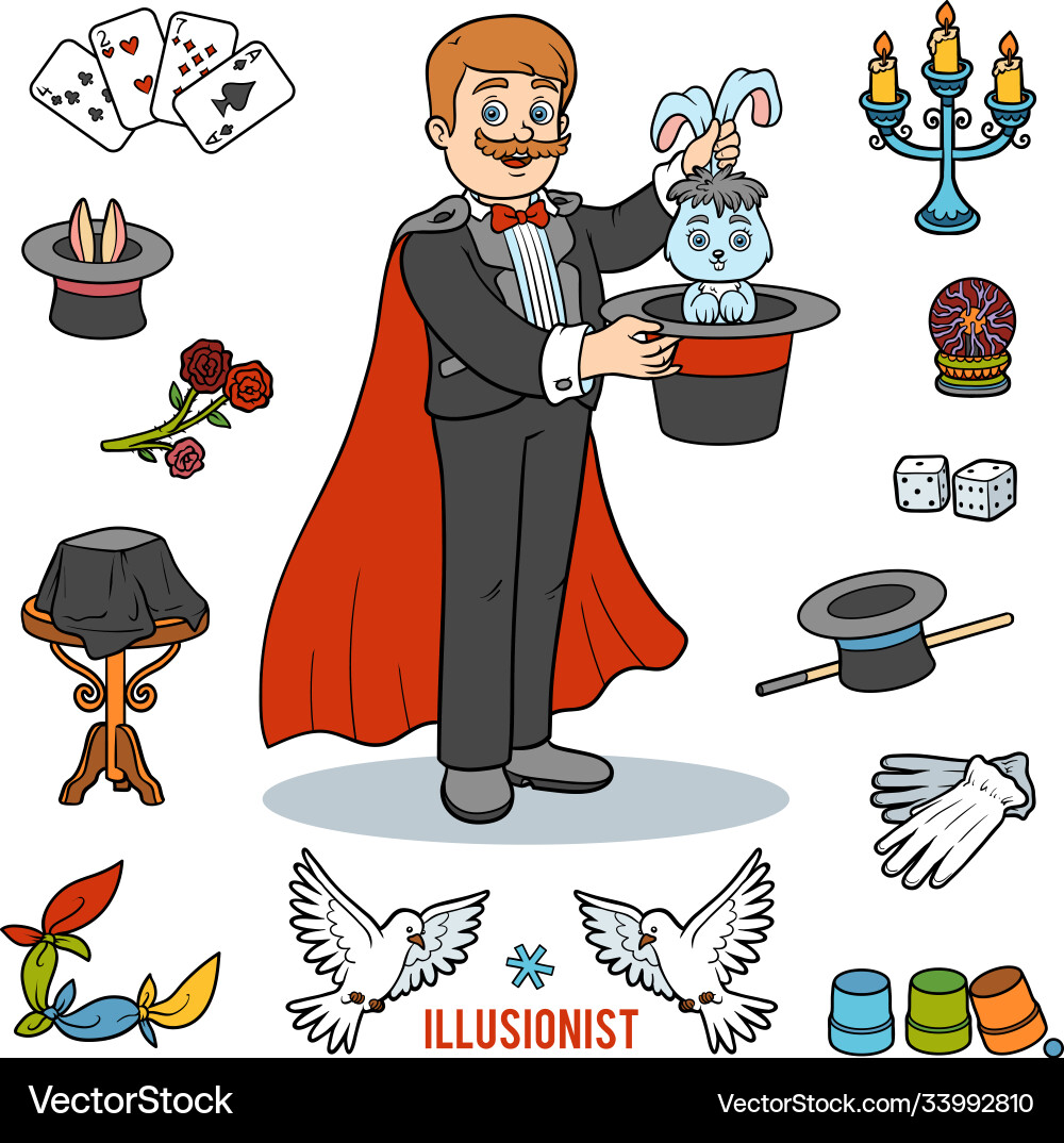 Set with magician and objects for magic tricks Vector Image