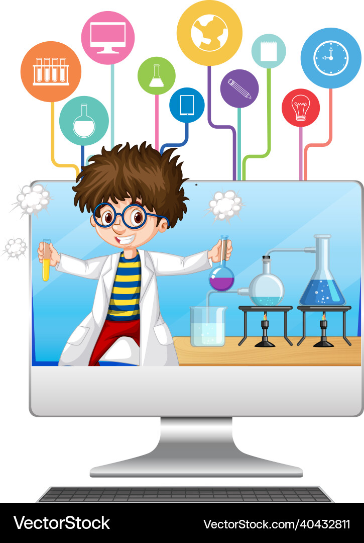 Computer with scientist kid cartoon character Computer with scientist kid cartoon character vector image