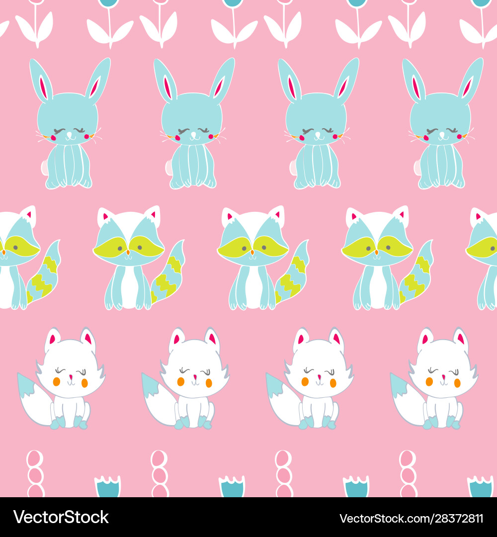 Cute critters in a row pink seamless pattern vector image