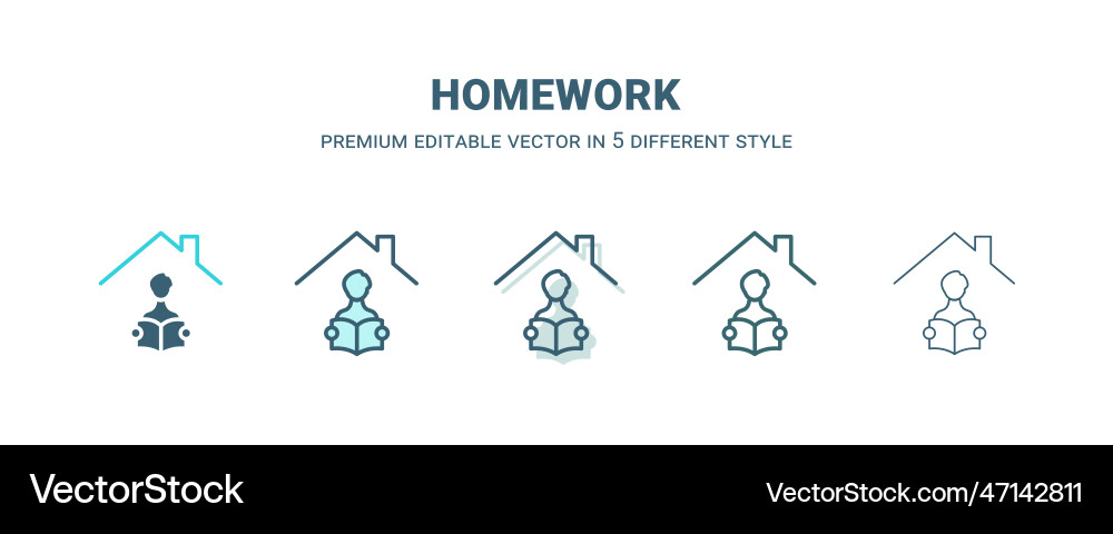 Homework icon in 5 different style outline filled Homework icon in 5 different style outline filled vector image