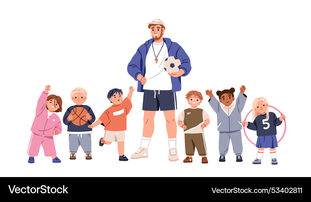 Pe teacher with kids physical education class Pe teacher with kids physical education class vector image