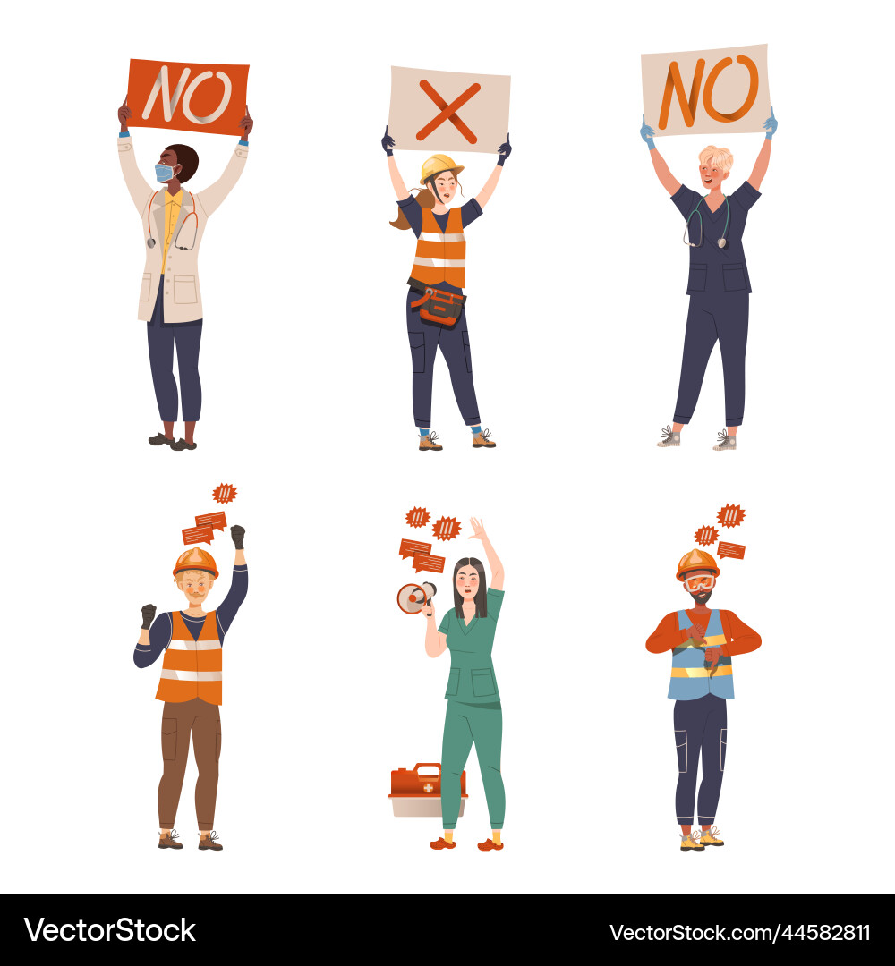 Protesting working class people with placards set Protesting working class people with placards set Vector Image