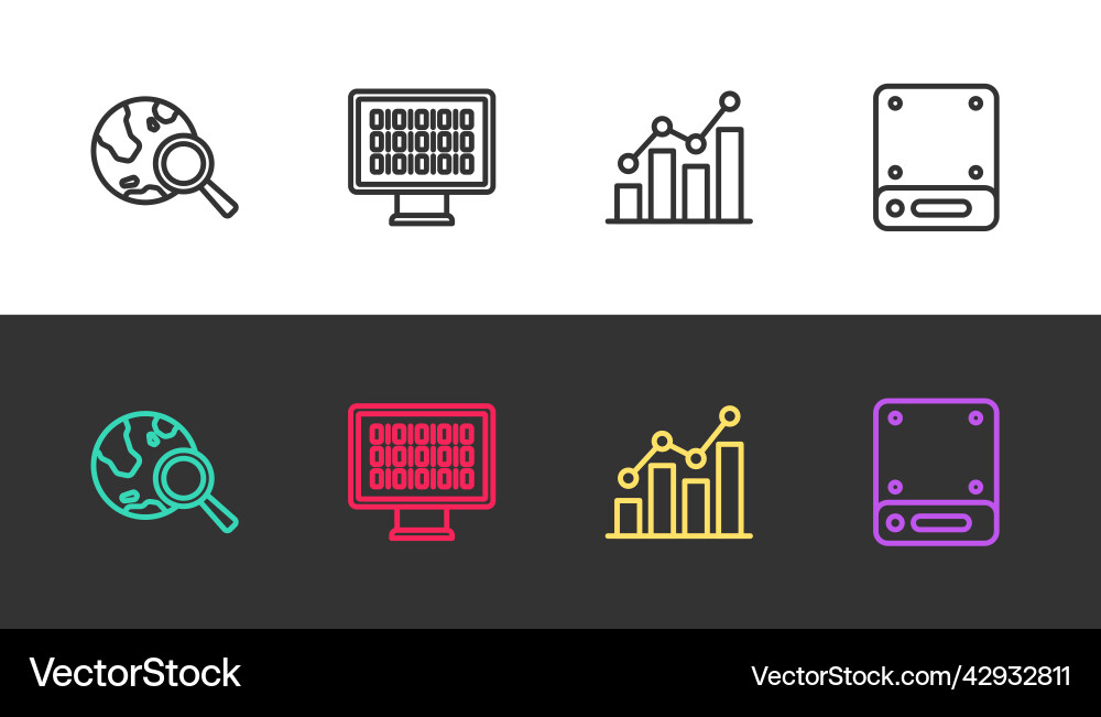 Set line search globe binary code pie chart Set line search globe binary code pie chart vector image