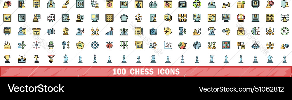 100 chess icons set color line style 100 chess icons set color line style vector image