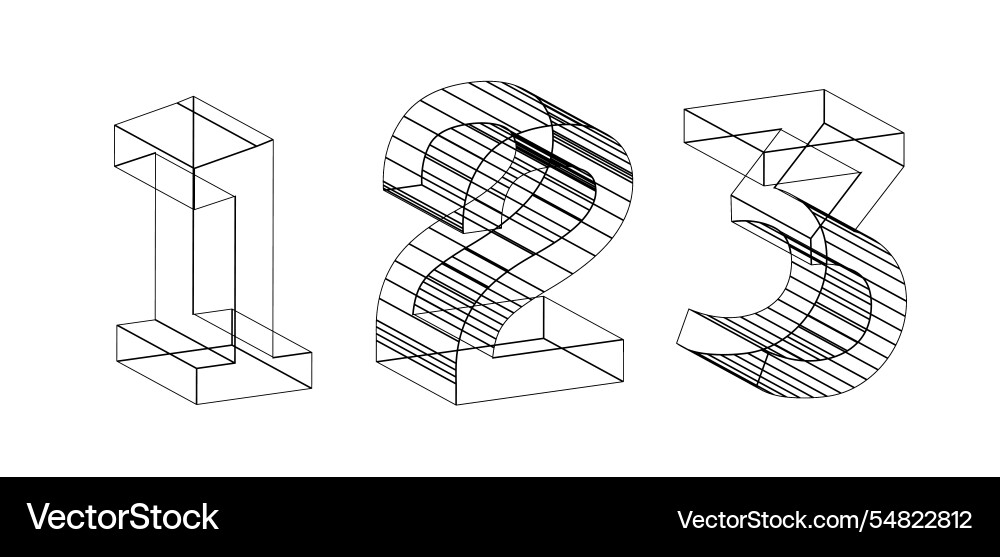 3d abstract wireframe numbers 1 2 and 3 3d abstract wireframe numbers 1 2 and 3 vector image
