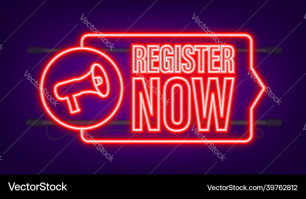 Megaphone label with register now neon icon web Megaphone label with register now neon icon web vector image