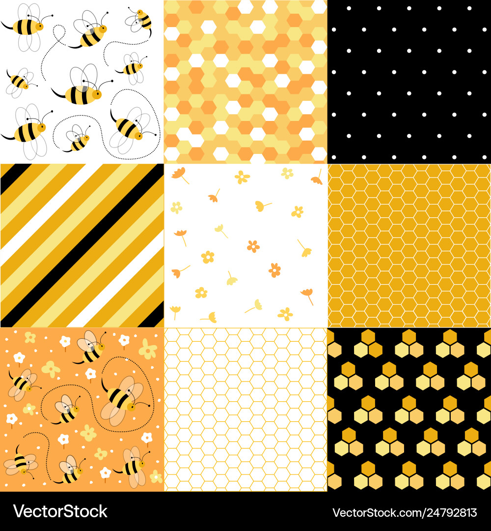 Honey and bees seamless patterns set Vector Image