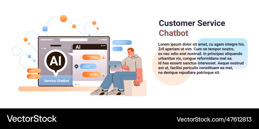 Man having dialog with chat bot asking questions Man having dialog with chat bot asking questions Vector Image