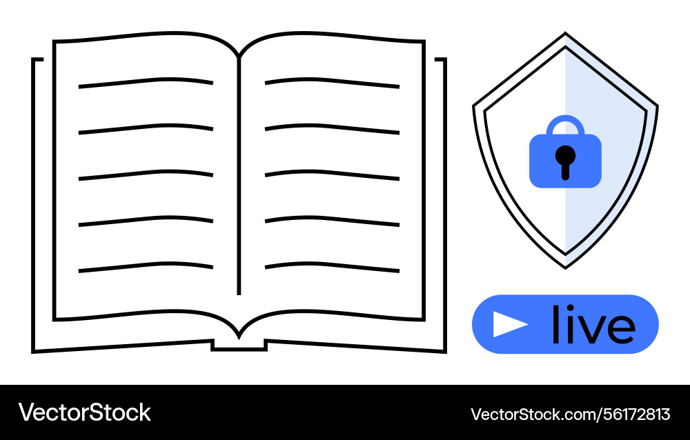 Open book with security shield and live stream Open book with security shield and live stream vector image