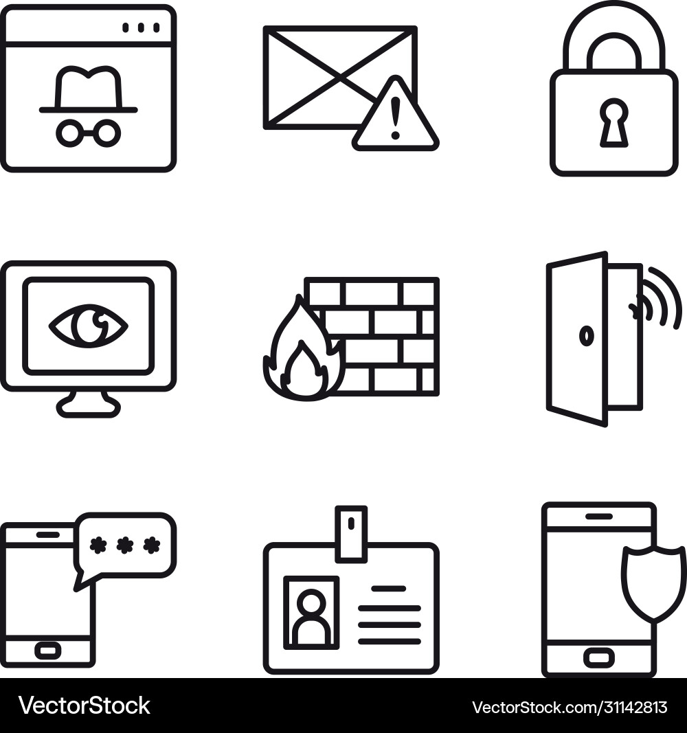 Padlock and cyber security icon set line style vector image