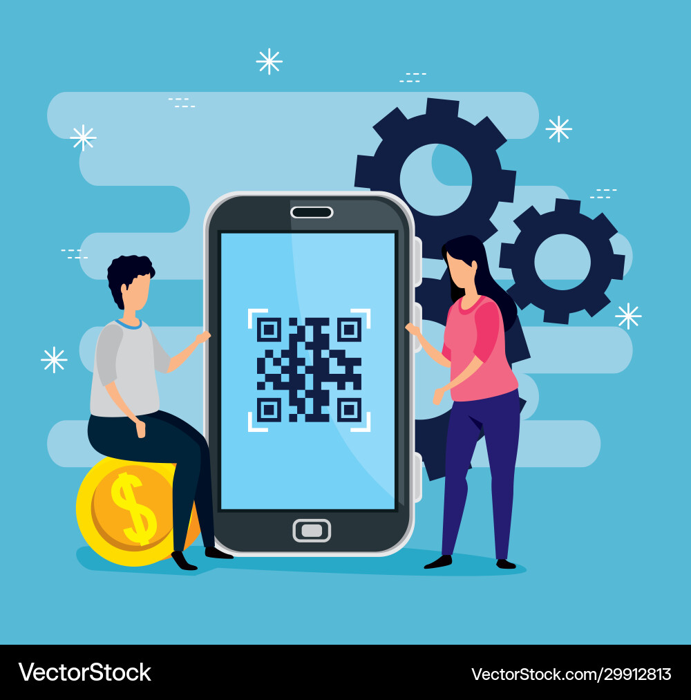 Scan code qr with smartphone and business couple Scan code qr with smartphone and business couple vector image