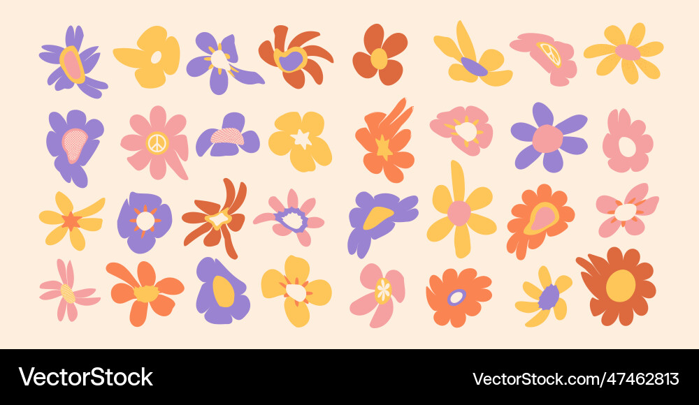 Set of cute hippie groovy colorful daisy flowers Set of cute hippie groovy colorful daisy flowers vector image