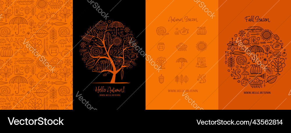 Autumn fall season frame pattern tree set vector image