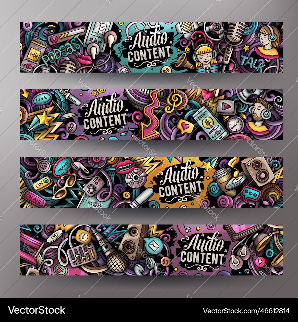 Cartoon doodle set of audio content banners Cartoon doodle set of audio content banners vector image