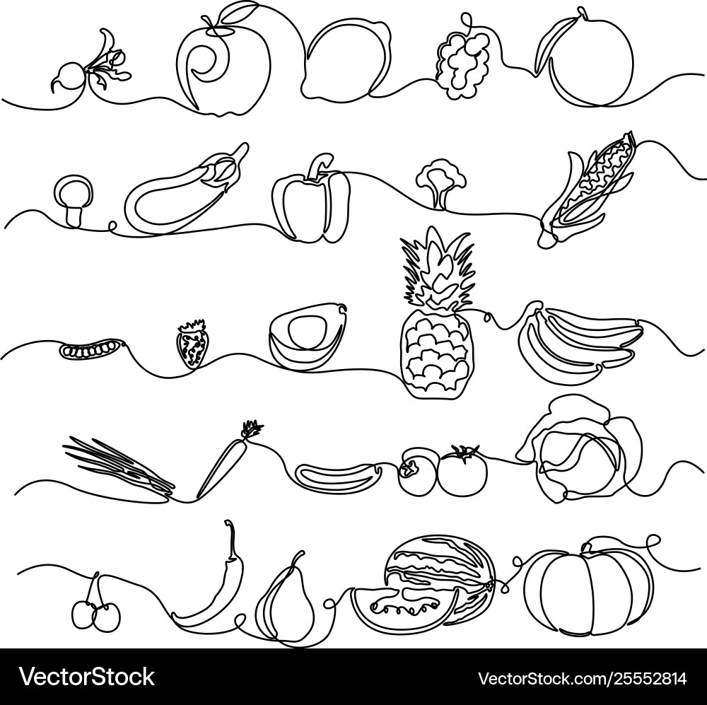 Continuous Line Fruits \u0026 Vegetables – Royalty-Free Vector | VectorStock, image size:1000x997