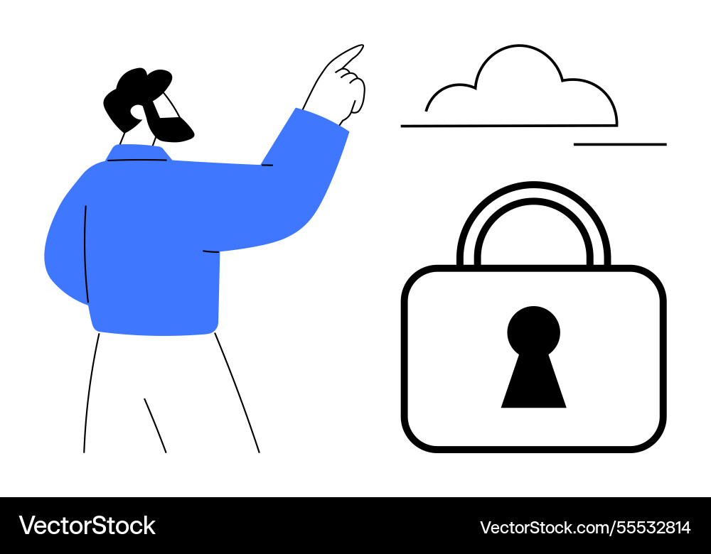 Man pointing towards cloud with large padlock Man pointing towards cloud with large padlock vector image