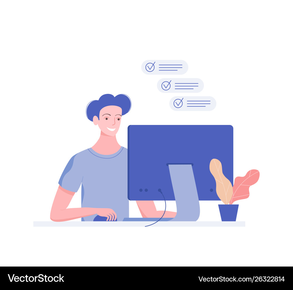 Young Man Working on Computer Task vector image