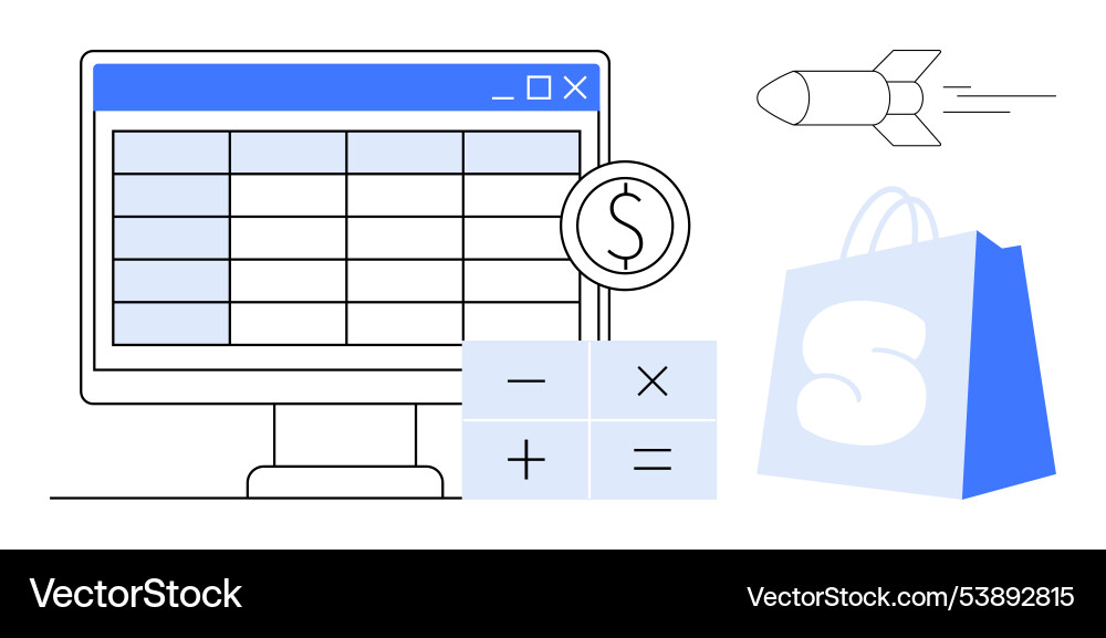 Computer screen displays spreadsheet with shopping Computer screen displays spreadsheet with shopping vector image
