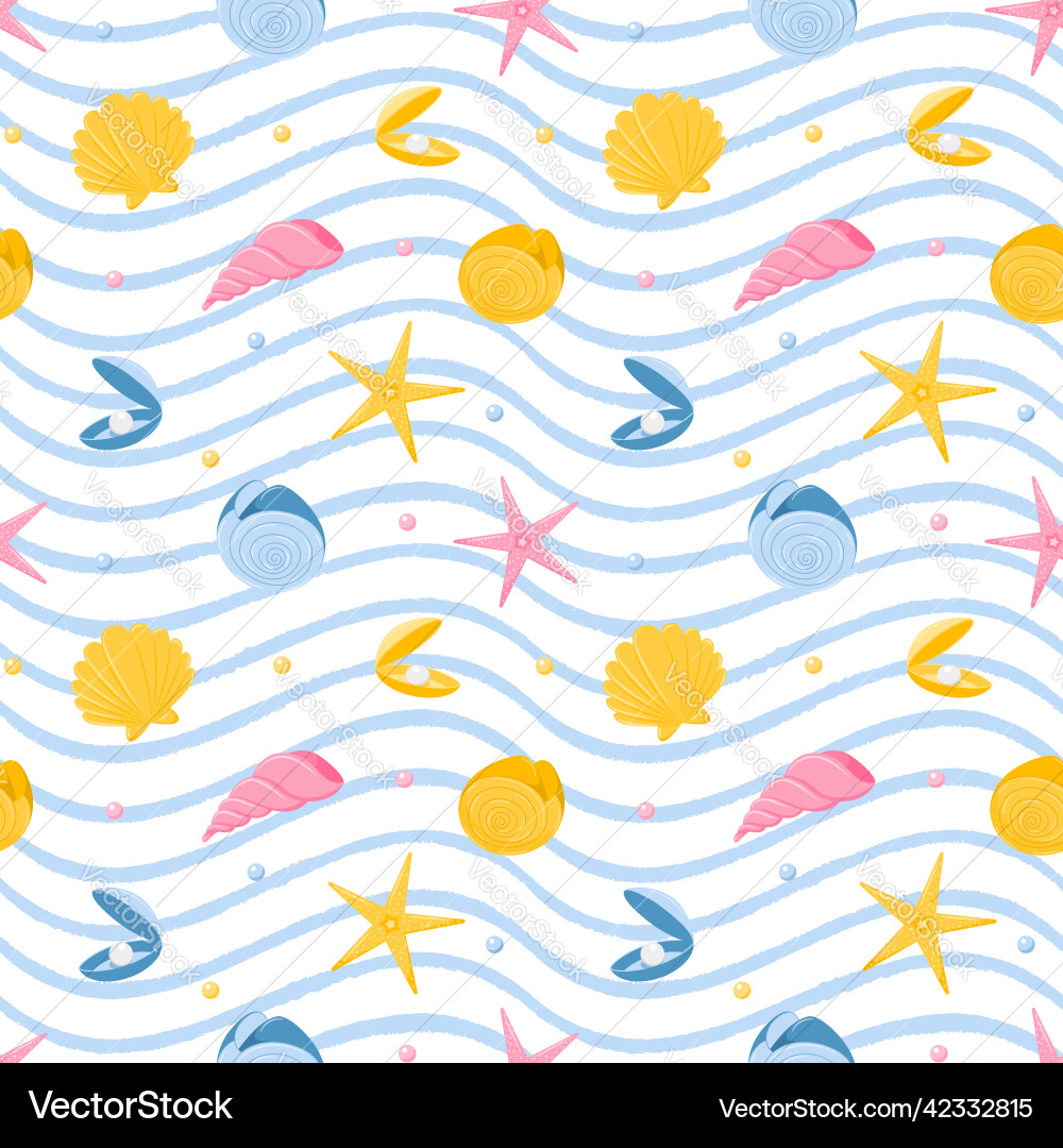 Seamless pattern with starfish nautilus seashells vector image