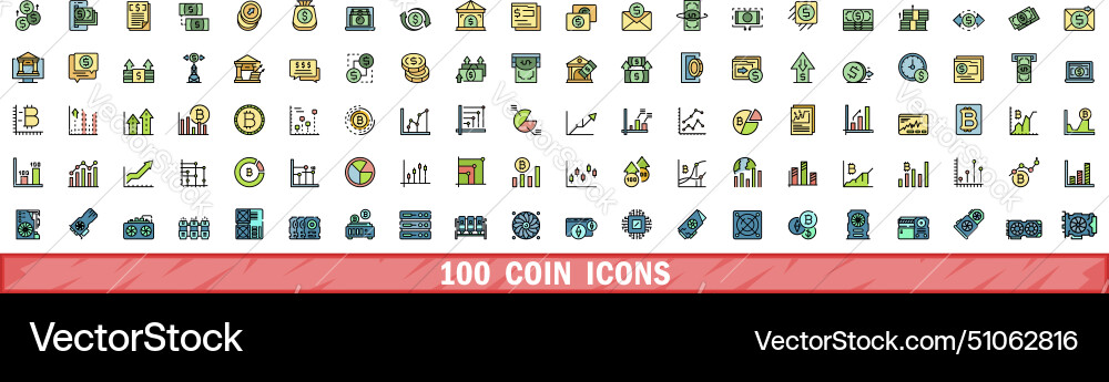 100 coin icons set color line style 100 coin icons set color line style vector image