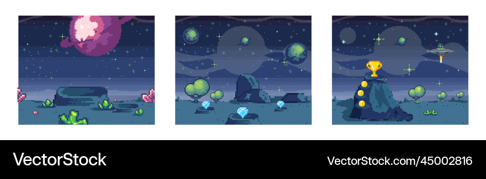 Cosmic scenes set in pixel art pixelated location Cosmic scenes set in pixel art pixelated location Vector Image