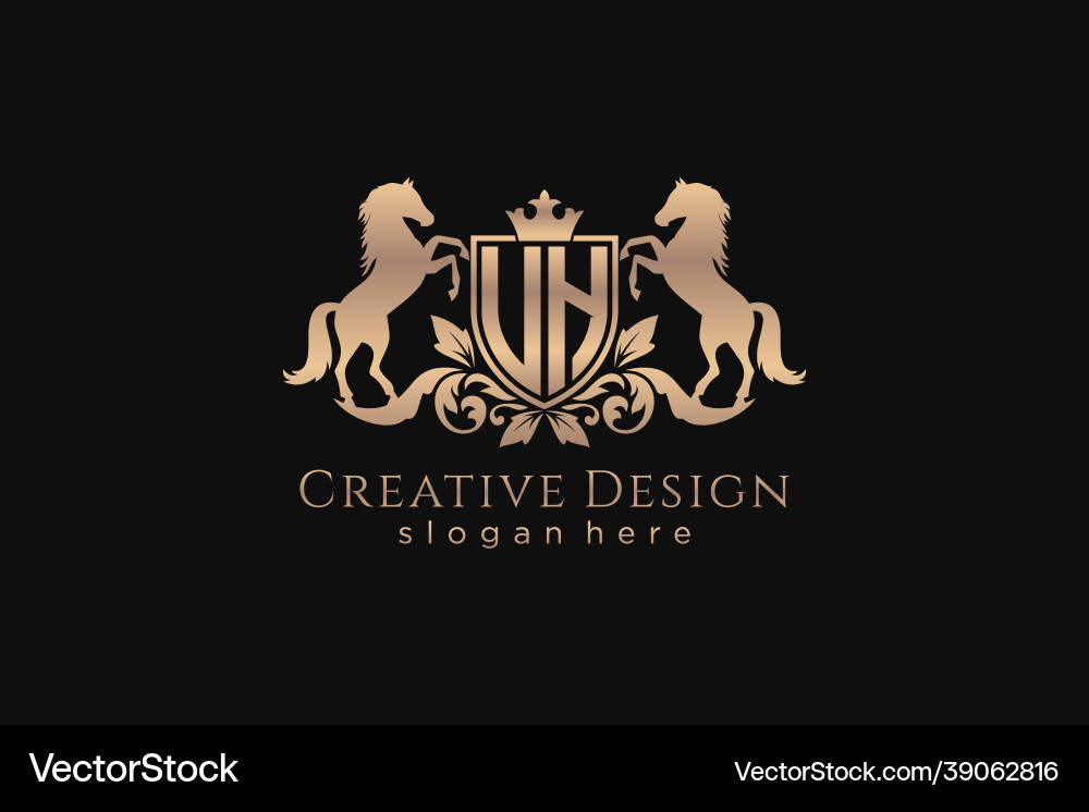 Initial uh retro golden crest with shield and two Initial uh retro golden crest with shield and two Vector Image