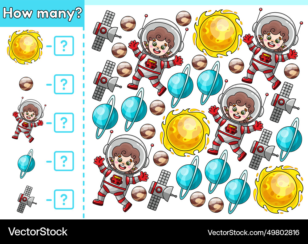 Kids math counting game how many space objects Kids math counting game how many space objects vector image