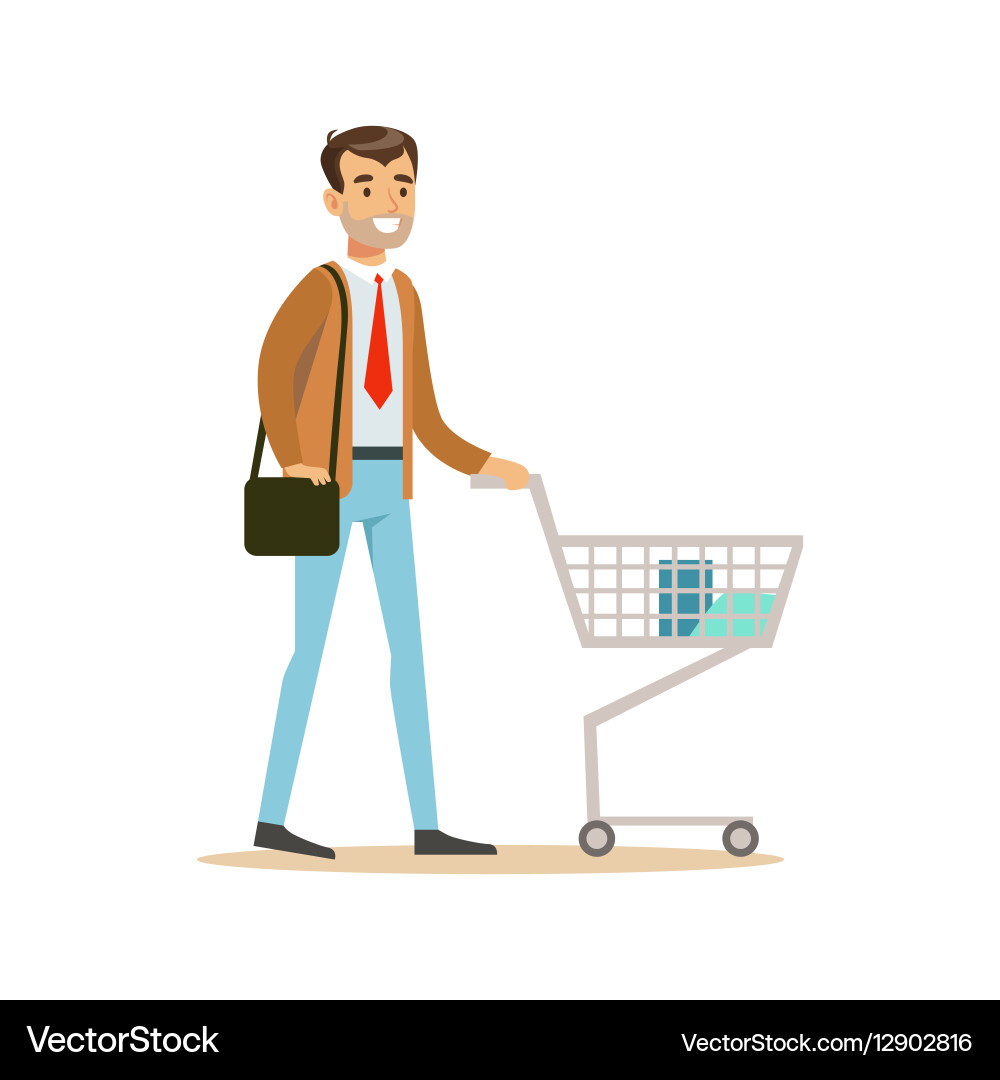 Man with cart and handbag in department store Vector Image