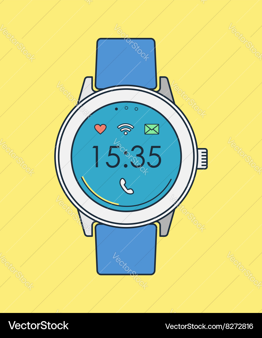 Retro smart watch in line art with time and icons vector image
