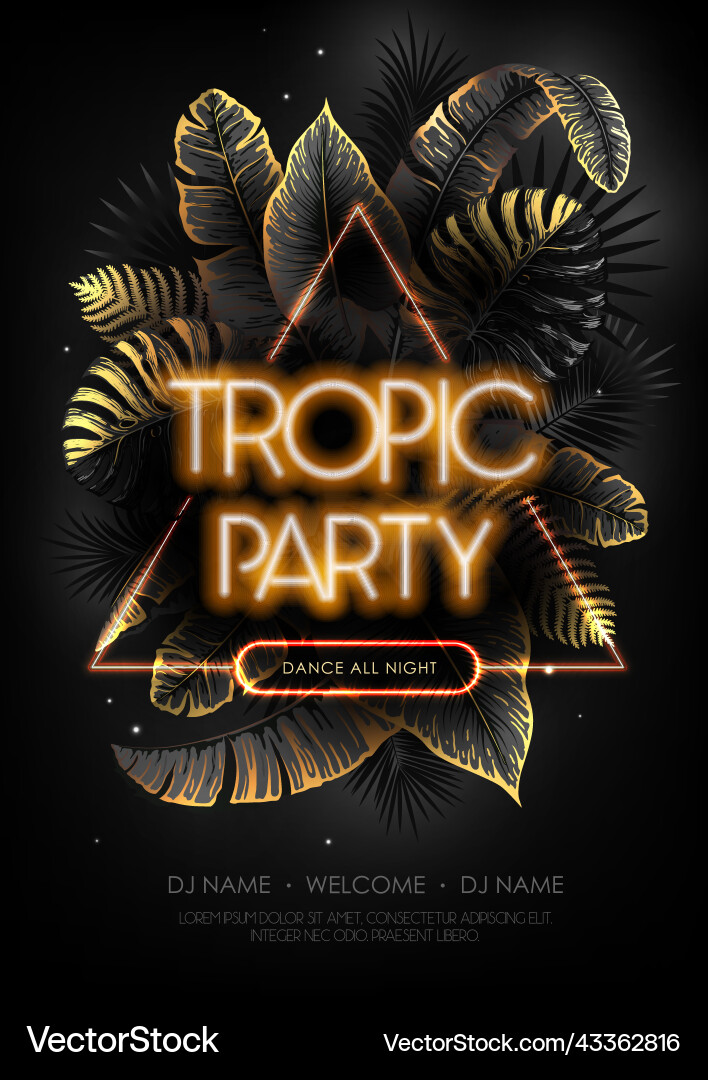 Sommer Party Poster mit fluoreszierenden tropischen Blättern Sommer Party Poster mit fluoreszierenden tropischen Blättern vektorbild