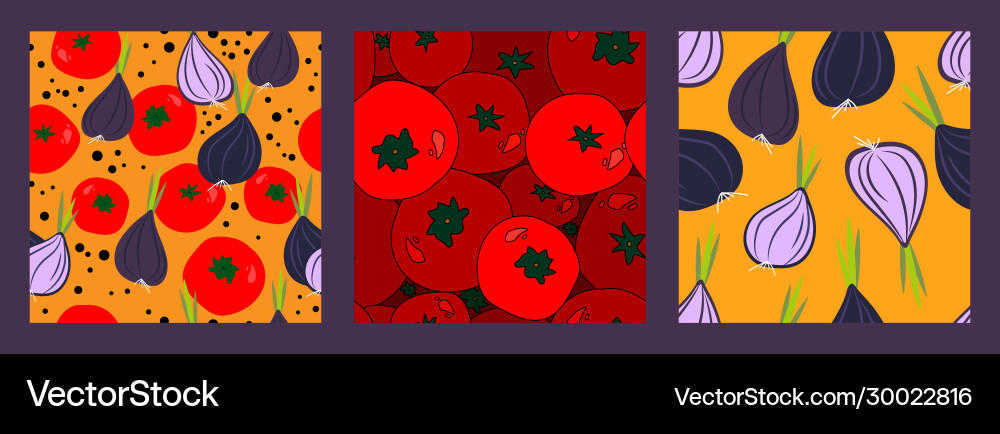 Three patterns with onions and tomatoes Three patterns with onions and tomatoes vector image