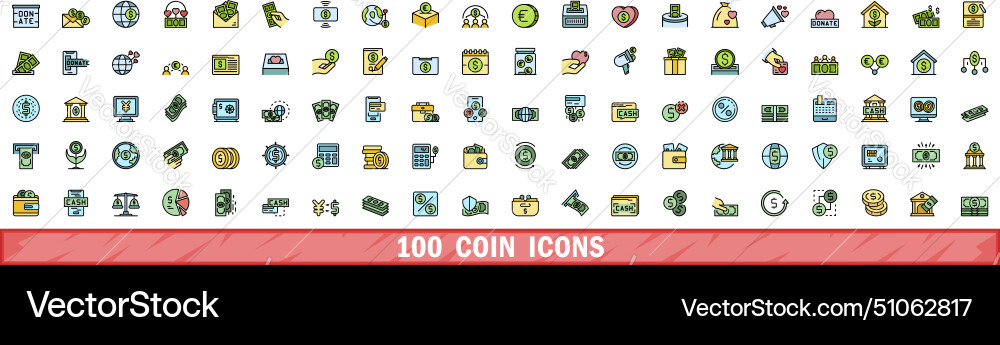 100 coin icons set color line style 100 coin icons set color line style vector image
