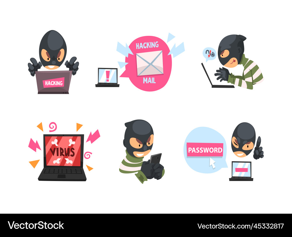 Masked hacker hacking devices for stealing data vector image