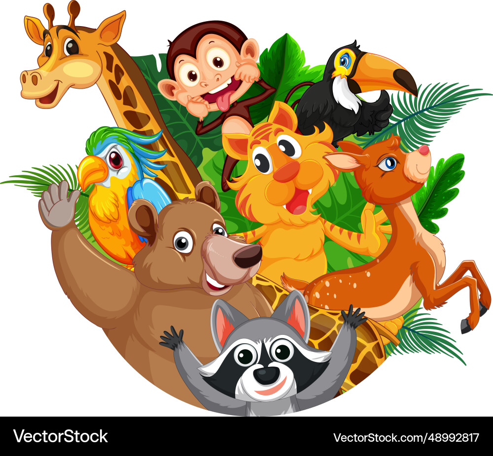 Playful wild animals cartoon with tropical plant Vector Image