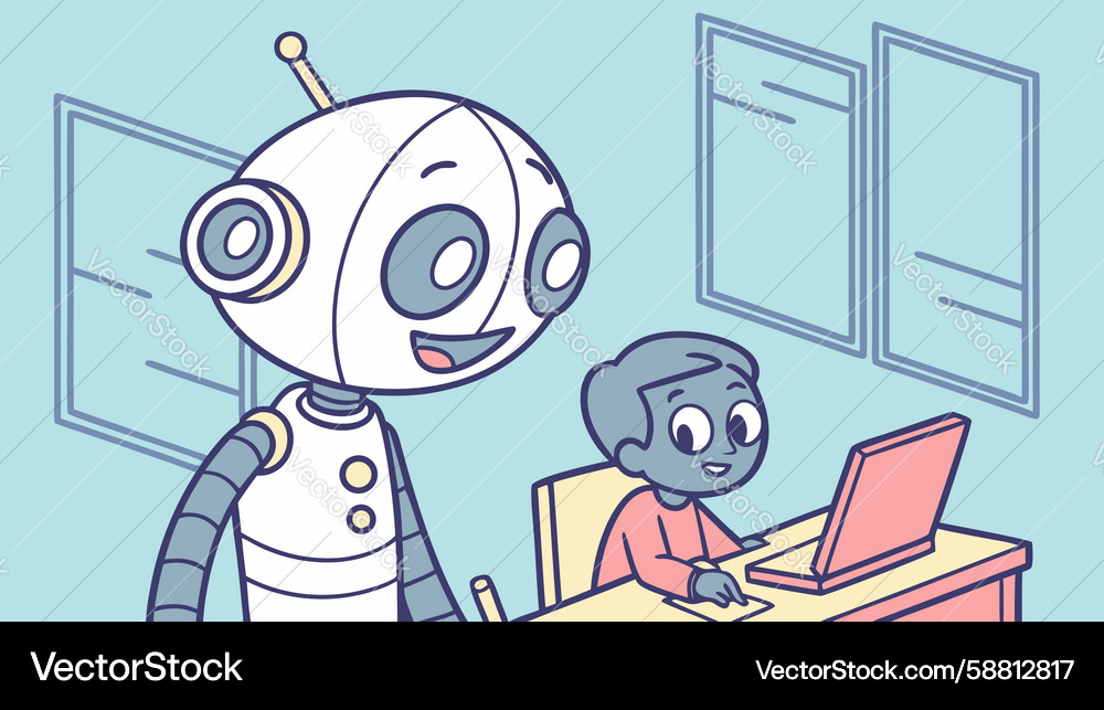Smart learning robot and child collaborating Vector Image