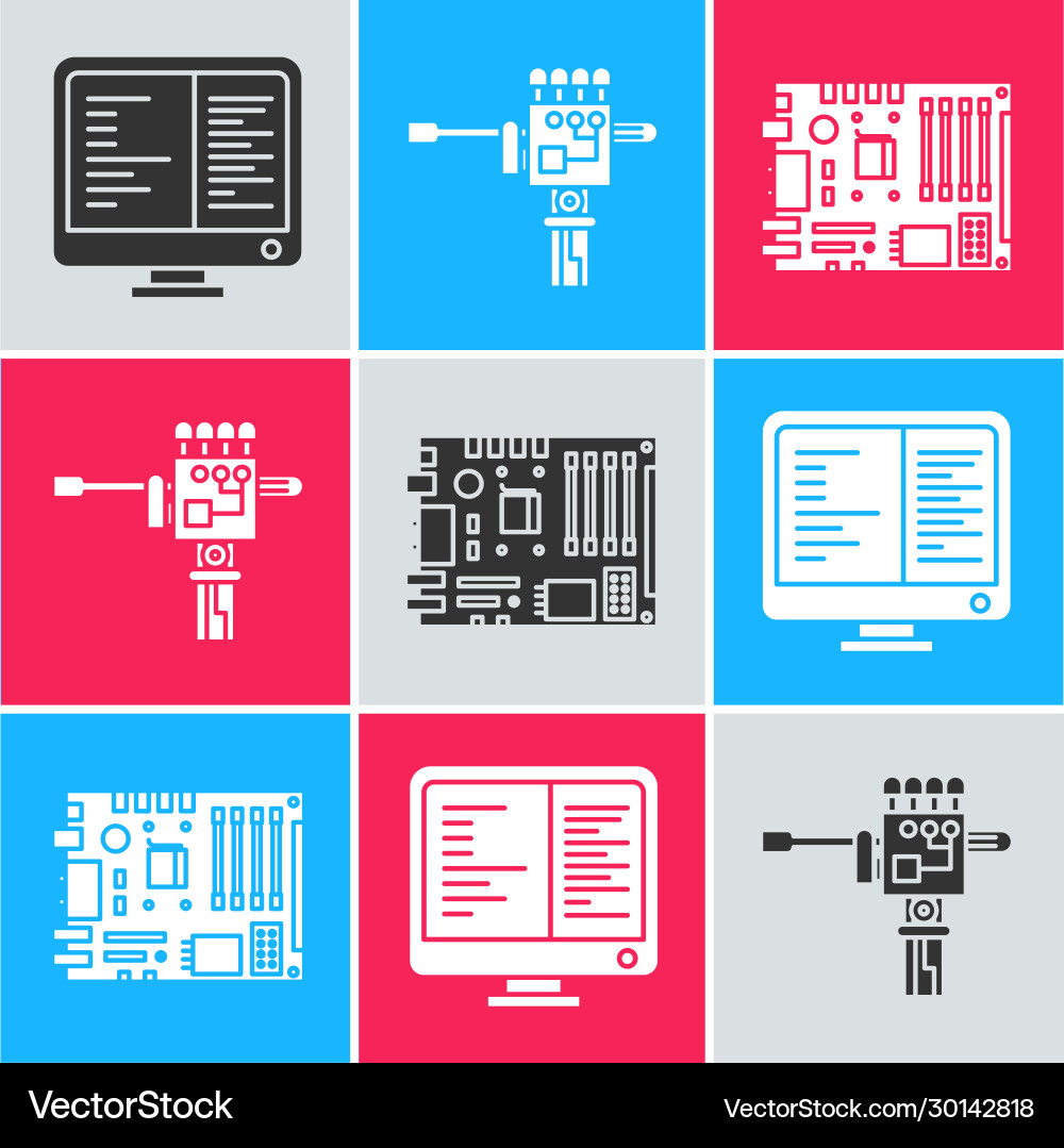 Set computer monitor screen mechanical robot hand Set computer monitor screen mechanical robot hand vector image