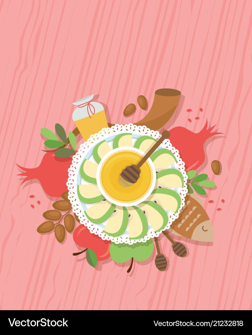 Table with symbols of jewish holiday rosh hashana Table with symbols of jewish holiday rosh hashana vector image
