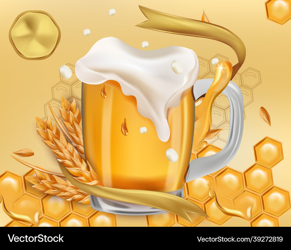 Refreshing mug beer with splashing foam and wheat Vector Image