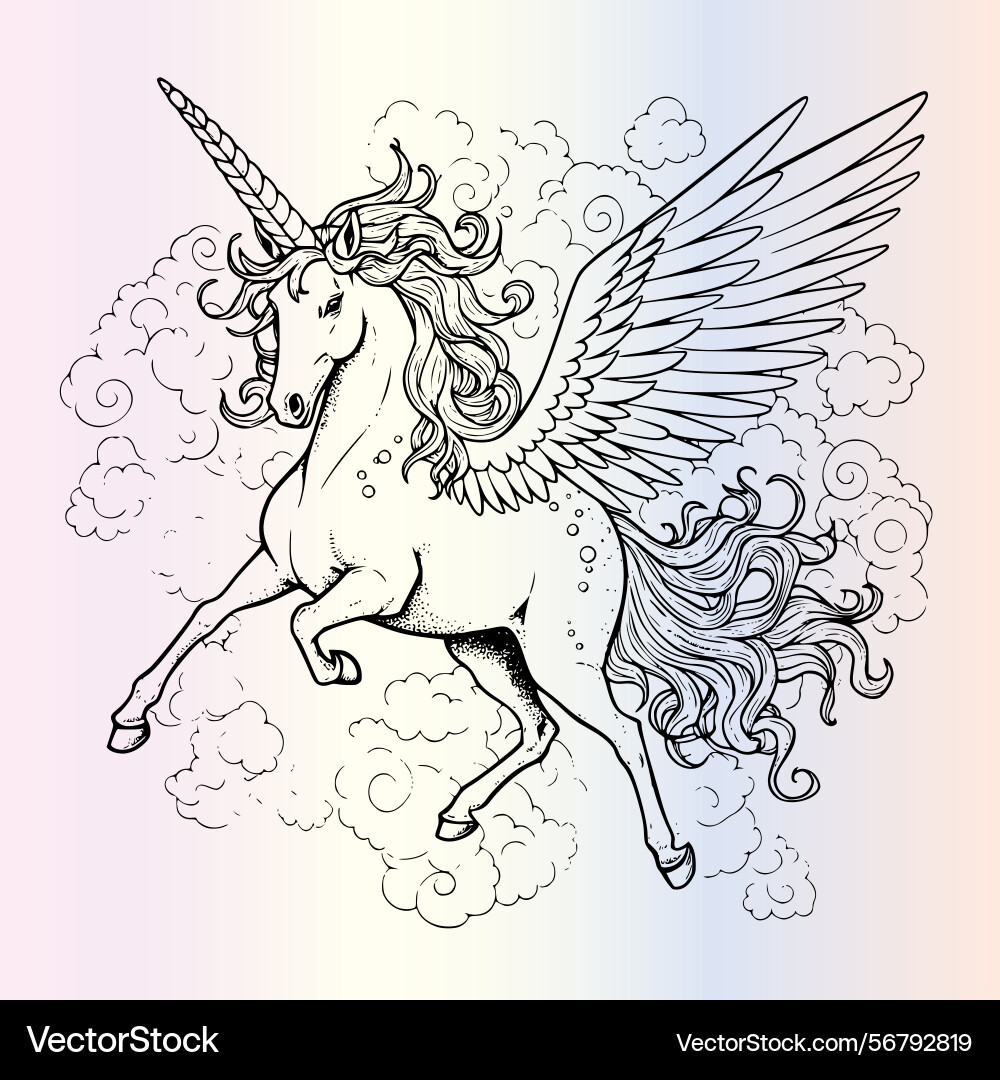 Unicorn flying over rainbow coloring page drawing Vector Image
