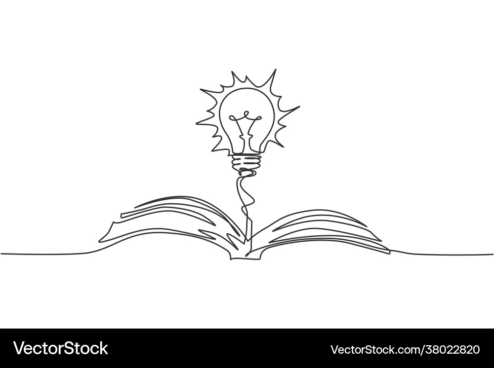 Continuous Line Open Book with Lightbulb vector image