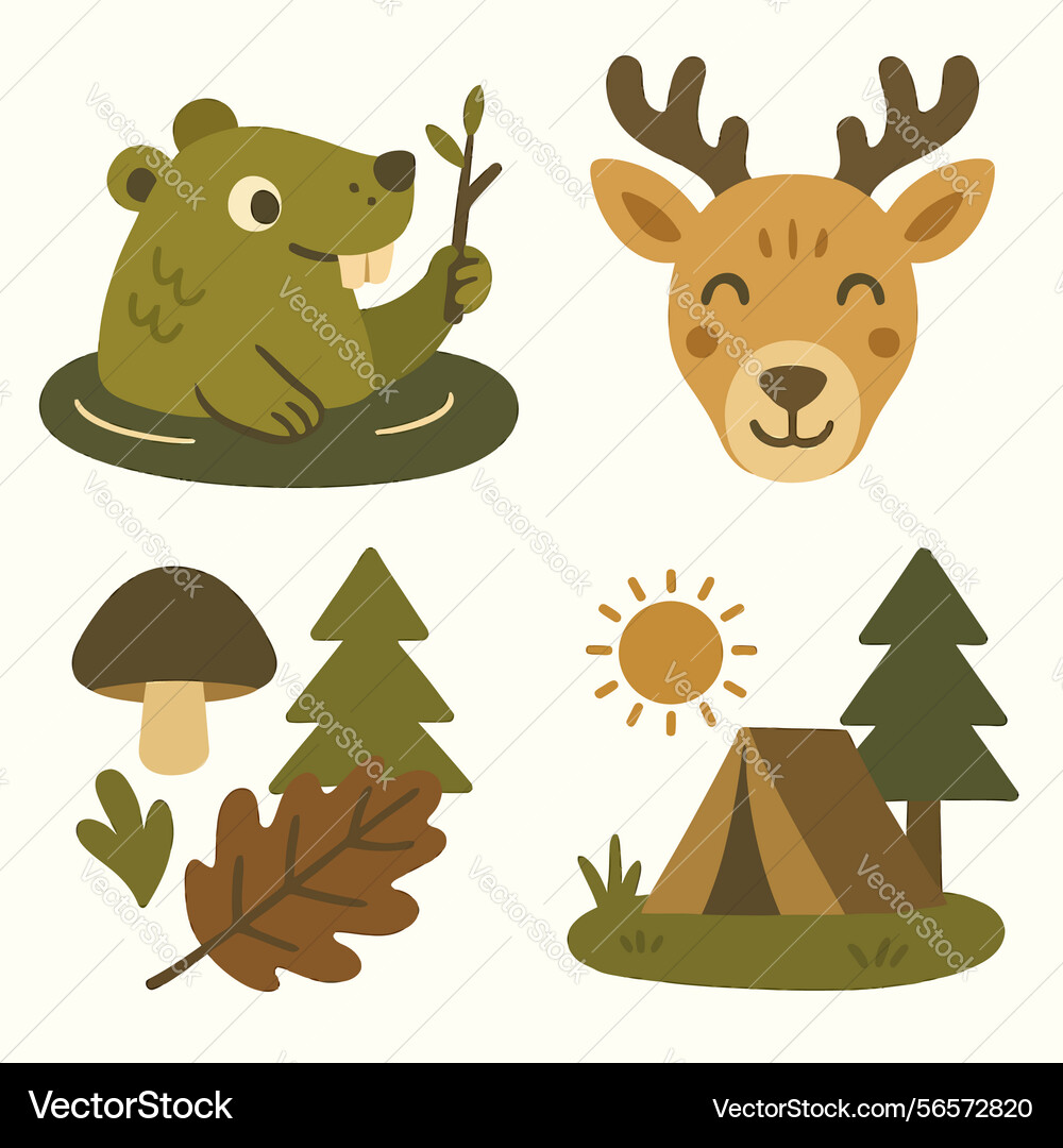 Cute forest animals and camping elements Vector Image