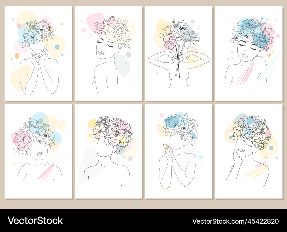 Set minimal line drawing woman flower images vector image