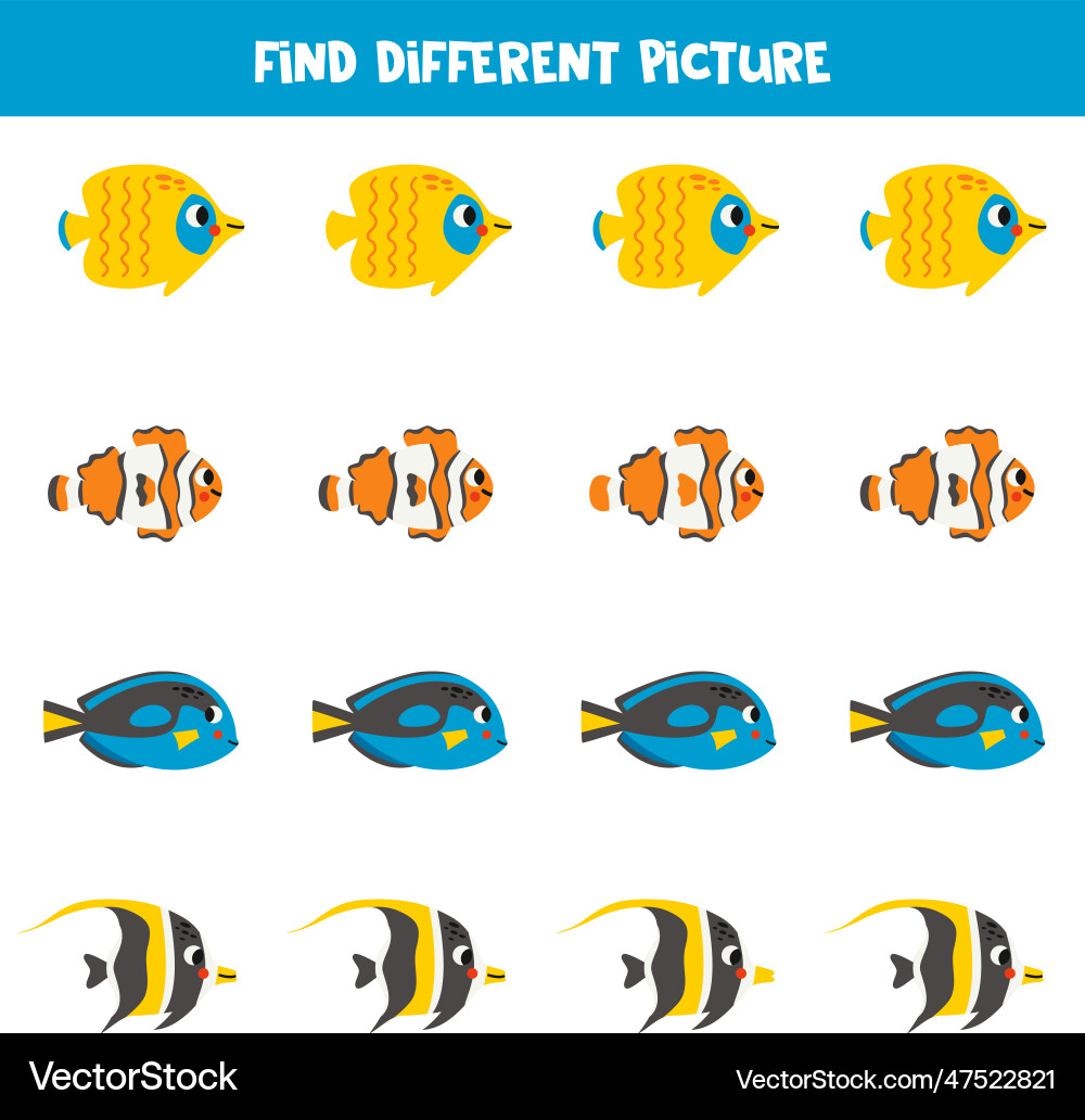Find different sea fish in each row logical game Vector Image