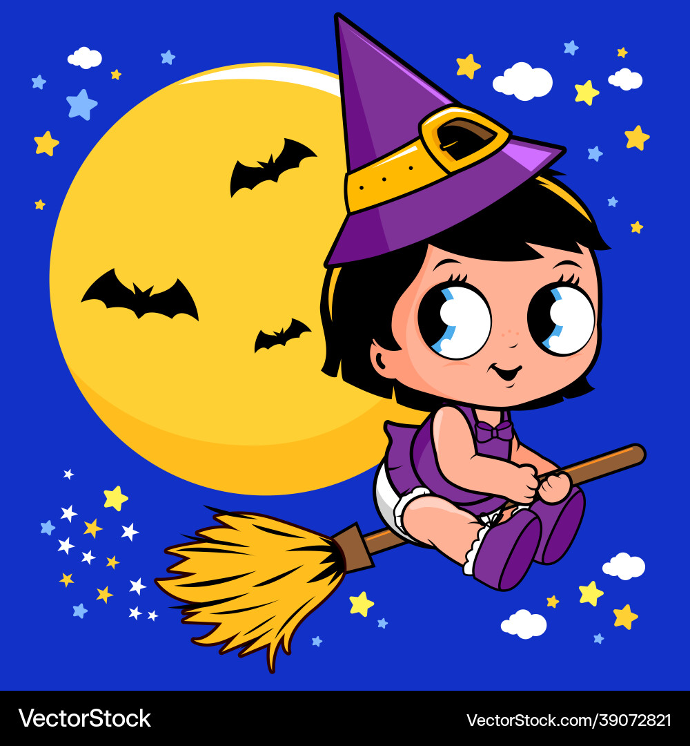 Halloween witch flying with broom in the night sky – Royalty-Free Vector |  VectorStock, image size:1000x1080