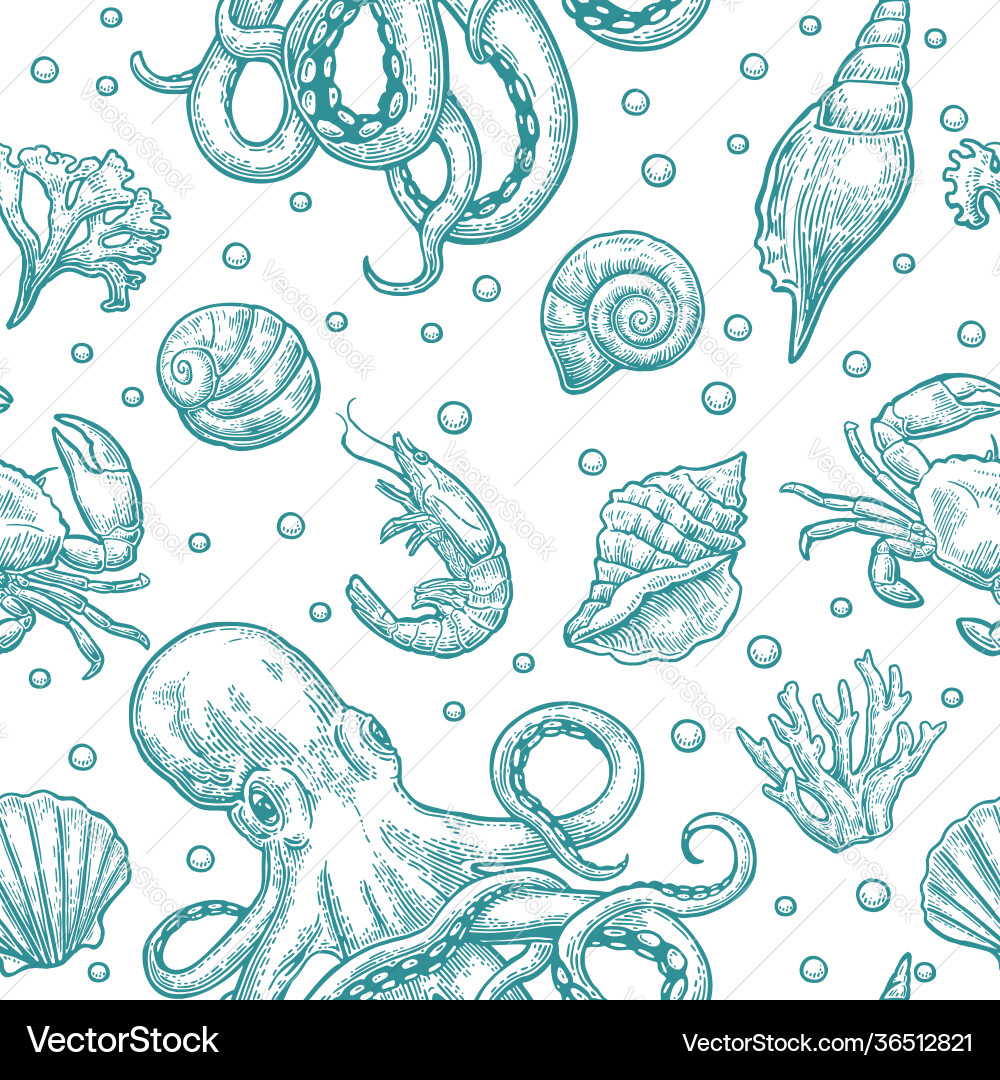 Seamless pattern sea shell coral crab octopus Seamless pattern sea shell coral crab octopus vector image