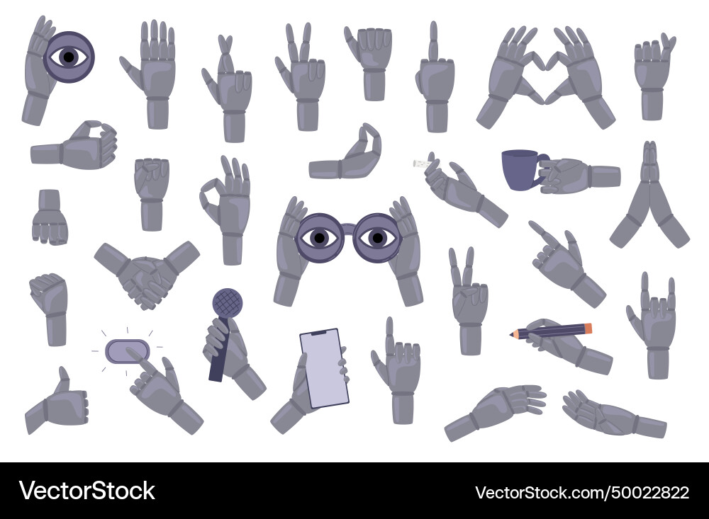 Big set robot hands gestures robotic arm point Big set robot hands gestures robotic arm point Vector Image