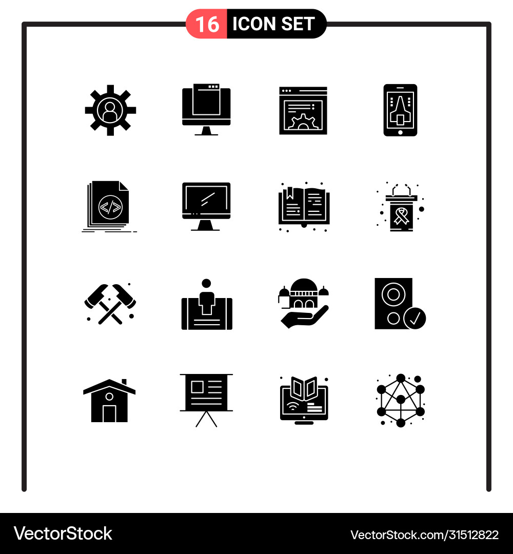 Group 16 modern solid glyphs set for coding vector image