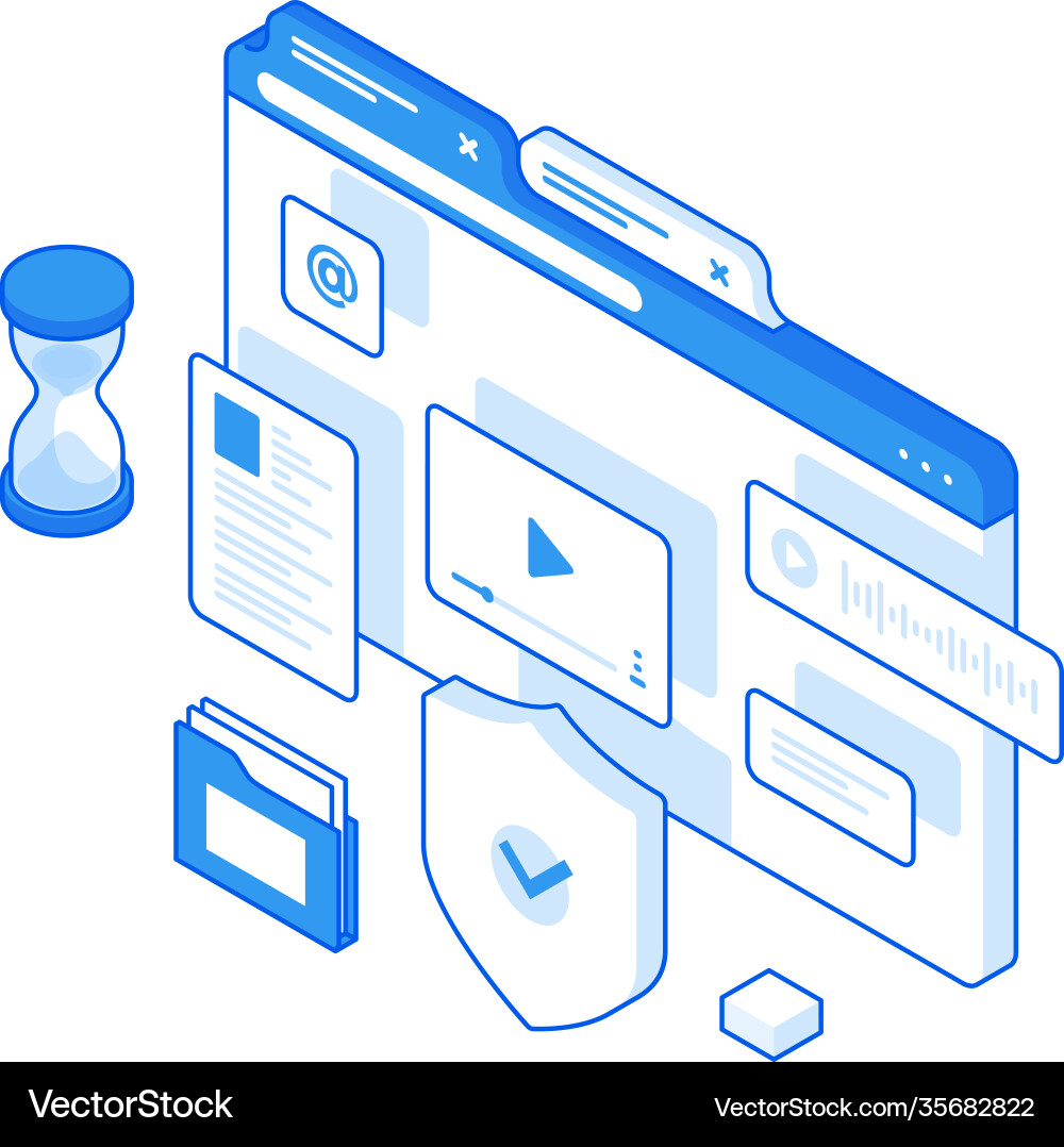 Isometric website page with various secured data Isometric website page with various secured data vector image
