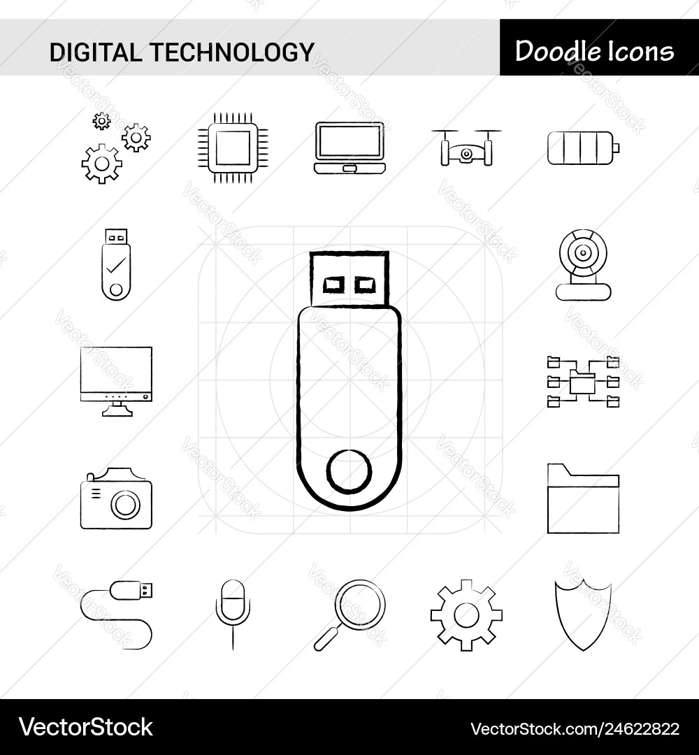 Set of 17 digital technology hand-drawn icon Set of 17 digital technology hand-drawn icon Vector Image